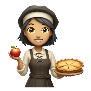 A cute pilgrim asian girl holding a steaming apple pie with a proud smile. sticker