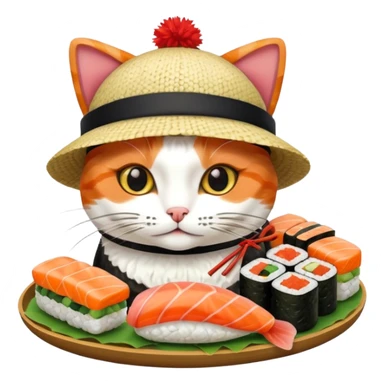 cat wearing a hat made out of sushi sticker