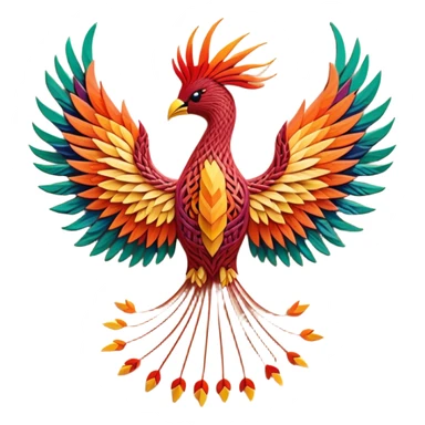 String art icon, colorful threads forming a detailed, vibrant phoenix (firebird) in front view, intricate patterns, pins on a board, minimalistic style, clean lines, transparent background. sticker