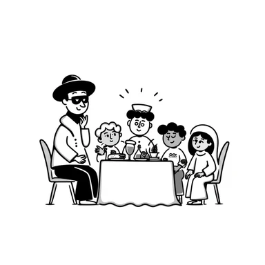 hand-drawn doodle of a burrito dressed as a bandit, sharing iftar with friends, black doodle style sticker