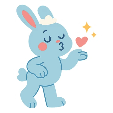 full-body pastel blue bunny with cloud, blowing a kiss with sparkles, pastel-toon style sticker