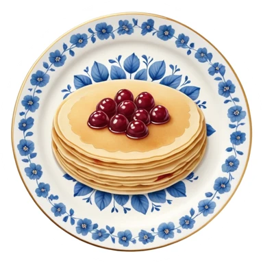 scandinavian round crepes with jam on white porcelain plate with blue floral vintage design sticker