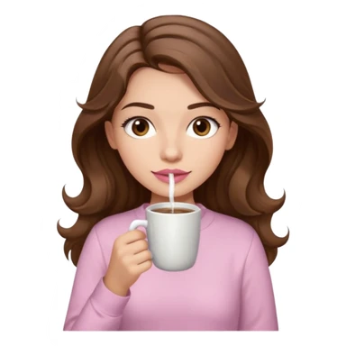 girl with wavy long brown hair, brown eyes, light to medium complexion, long lashes, light pink lipstick, wearing light pink shirt, sipping coffee sticker
