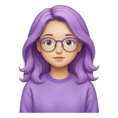 Chica de pelo largo y ondulado, con gafas redondas y expresión suave; viste una sudadera lila y transmite un estilo tranquilo y relajado. sticker