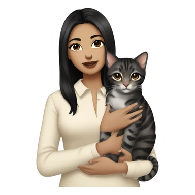 Girl with black eyes and black hair, shoulder length straight black hair, wears a beige blouse outfit, kissing a silver bengal cat  sticker