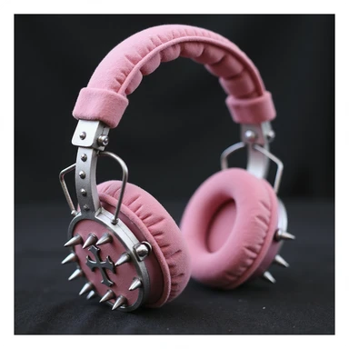realistic pink gothic headphones with velvet ear cups, silver spikes, and subtle cross motifs, photorealistic style sticker