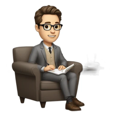Pale skinned Fit Man With dark brown hair in gray jacket, beige office shirt, Brown pants and vintage glasses sitting In a soft chair with a notebook with emblem Ψ and a pen in his hands sticker