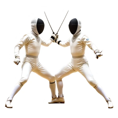 Two fencers in symmetrical stances, with crossed épées in front of them. Their forms are elegant and precise, showcasing the balance and strategy of fencing. The background features a blurred fencing piste, with subtle motion lines to emphasize the elegance and speed of the sport. sticker