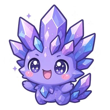 kawaii chibi style crystal sprite creature, purple, blue, and pink colors, excited expression, sparkling eyes sticker