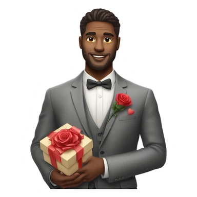 Hyper Realistic handsome man in suit holding roses and a heart shaped gift box sticker