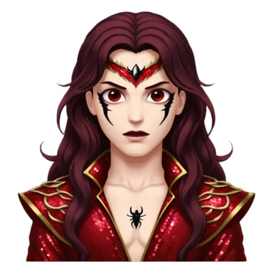 Samael, Venom of God from Gods and Goddesses with long dark brown hair, dark red sequin outfit sticker