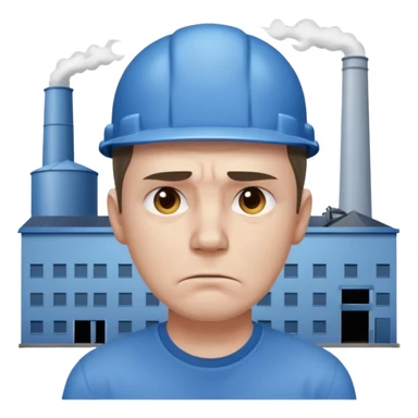 tired sad man with sweat on forehead, factory behind sticker