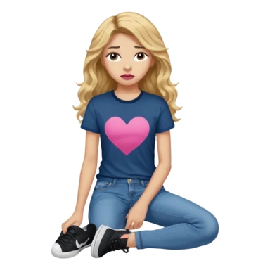 > 14-year-old girl, 161cm, slender, long wavy golden hair, tan skin, full pink lips, long lashes, thick eyebrows, dark blue t-shirt, faded jeans, black sneakers, quiet sadness in her expression, soft moody lighting, ultra-realistic portrait. sticker