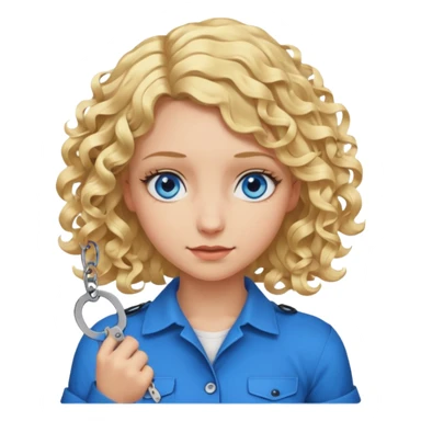A girl with blond hair that curls at the end shoulder length and blue eyes who is breaking handcuffs sticker