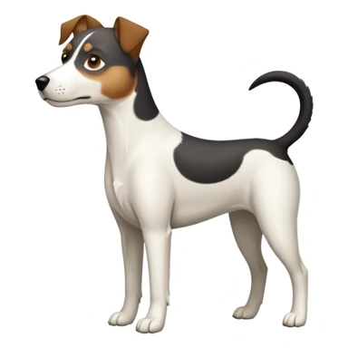 a full body large white parson russell looking dog the size of a kelpie with light brown ears and a light brown patch on one eye and a large snout sticker