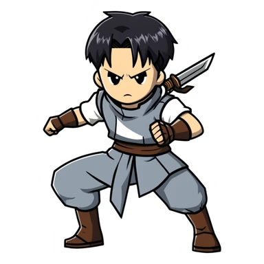Levi Ackerman from Attack on Titan in battle stance with ODM gear, black undercut hair, serious expression sticker