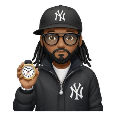 African American man with shoulder length black dreadlocks with black beard wearing black sunglasses wearing a black bubble winter coat and a New York Yankees logo baseball cap looking at watch sticker