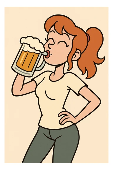 ginger-haired girl drinking beer, playful pose, cartoon style, bold outlines sticker