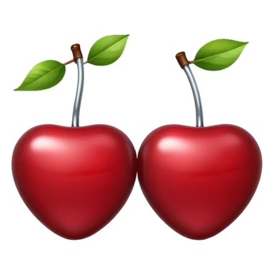 A pair of cherries emoji made of polished silver chrome, smooth rounded shapes, glossy metallic finish, soft highlights and reflections, cute proportions, iOS emoji style, centered, clean white background, no text sticker