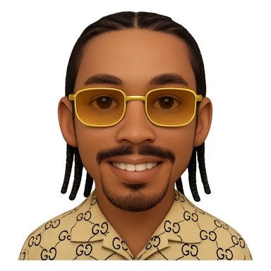 Create an emoji style smiley with a thin face, slightly lighter skin tone, chin-only beard (no hair under the lower lip), mustache only above the upper lip, no hair under the lower lip, very detailed black braided hair starting from the roots and falling to the sides and back as shown in the reference photos, rectangular golden sunglasses, beige top with GG pattern and visible collar, transparent background. Faithful details to the photo. sticker