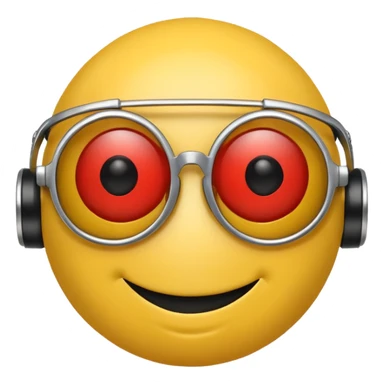 Yellow smiley face head with sunglasses, but the right eye is a red robot eye sticker
