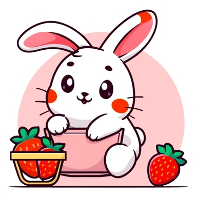 bunny picking strawberries in the woods, sweet pastel red sticker