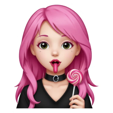 Cute girl with long pink hair wearing black, and a cute choker  licking a lolli sticker