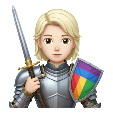 In armor and sword with dumb look on face Slack social justice warrior with pride flag sticker