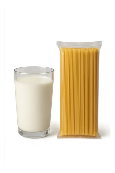 bicchiere di latte accanto a pacco di pasta sticker