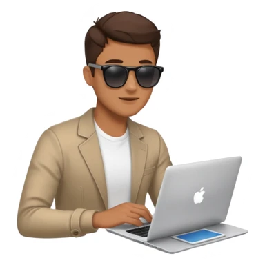 stylish man in sunglasses sitting with a laptop and coffee sticker