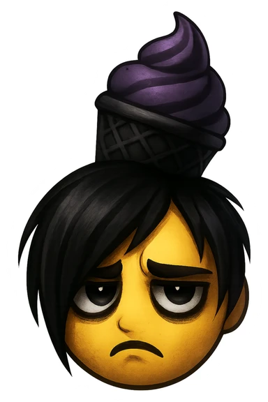 emo emoji, black and purple ice cream cone, moody and dramatic sticker