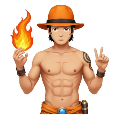 Portgas D. Ace with orange hat, shirtless with ASCE tattoo, fire powers sticker