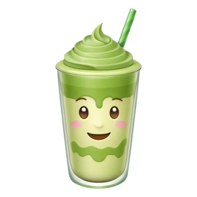 Emoji glossy 3D de un vaso de matcha latte, vaso de vidrio transparente con matcha espumoso verde pastel, capas suaves de leche y matcha, brillo intenso tipo sticker, sombras delicadas, fondo transparente, estilo cute moderno, alta calidad sticker