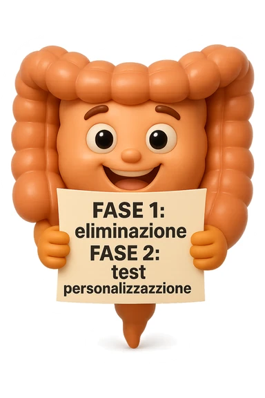emoji stile iphone 3d di un intestino che tiene in mano un foglio con la scritta "FASE 1: eliminazione, FASE 2: test, FASE 3: personalizzazione, IPERREALISTICO 4K sticker