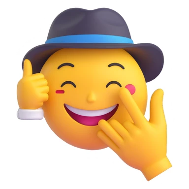 A smug-looking emoji with a wide, crooked grin and half-closed eyes, giving a cocky vibe, whilst mewing with his white hand pointing at his sharp jawline, showcasing a "sigma" look, wearing a hat. sticker