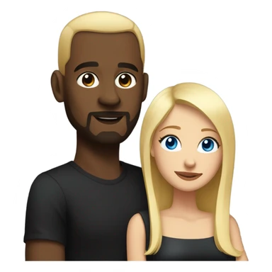 Blonde woman with blue eyes and long straight hair wearing a short black dress and a black man who is bald with a goatee seated together on a sofa enjoying a passionate embrace.   sticker