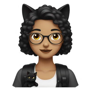 girl with black hair and braces with a black fluffy cat sticker
