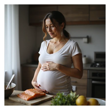 realistic pregnant woman in 4K cooking at home, setting aside raw salmon and choosing well-cooked fish instead, serene and protective expression sticker