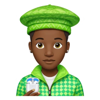 Create me an detailed emoji of a cool Young Nigerian prince wearing a neon green gradient African patterns with  a hat (a Nigerian-inspired patterned hat) and wearing apple airpods sticker