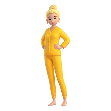 woman standing, wearing yellow pajamas, hair in a bun, full body sticker