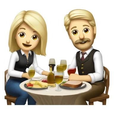 Repas raclette et deux verres de vin blanc en couple 50 ans, femme blonde cheveux aux-dessus des épaules homme petite barbe et moustache grisonnantes et cheveux bruns sticker
