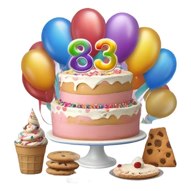 Put Happy 83rd Birthday!     In the background With cake,balloons, wine glasses,cookies, ice cream sticker