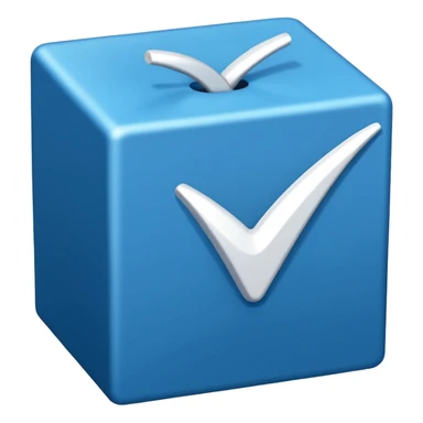 A blue box  and a white tick sticker