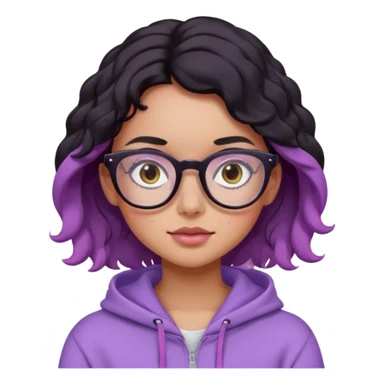 emoji of a woman, slighty tanned skin, cute freckles, pink cheeks, wavy black hair, big frame glasses and cute eyes, wearing a lilac hoodie  sticker