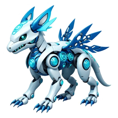 Futuristic mechanical modern badass cool shiny white with glowing cyan-blue animal Digimon Fakémon hybrid full body with intricate patterns sticker