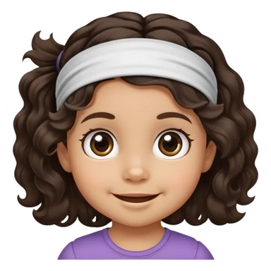 smiling toddler face with big eyes, medium skin tone, dark wavy hair, and a hair band sticker