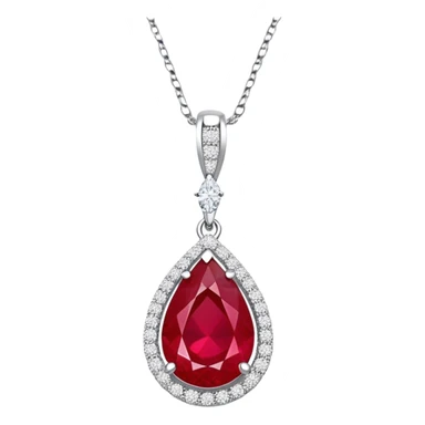 teardrop-shaped ruby pendant cradled in a delicate silver chain, haloed by shimmering white stones sticker
