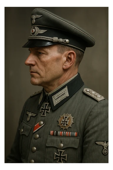 World War II German officer, side profile, wearing peaked cap, decorated uniform, historically accurate, detailed, realistic style sticker