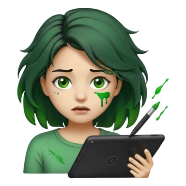 emoji holding and drawing on tablet using a stylus, looking down at screen in frustration, female, messy dark hair, green eyes, alternative/grunge style, screen slightly visible with splashes of color like a paint palette  sticker