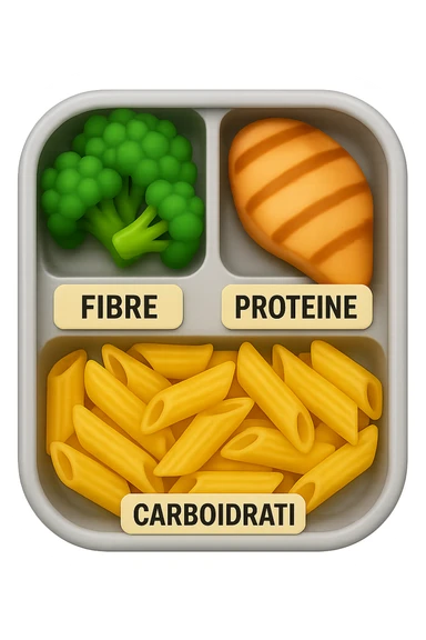 EMOJI STILE IPHONE DI una schiscetta vista dall'alto con 3 porzioni ben distinte: nelle porzioni scrivi le parole FIBRE, PROTEINE, CARBOIDRATI, iperrealistica 4k sticker
